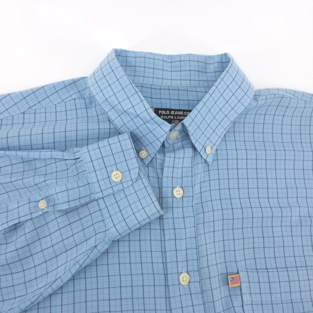 Polo Jeans Co Ralph Lauren Mens Shirt Cotton Blue Grid L Button Down Made in USA